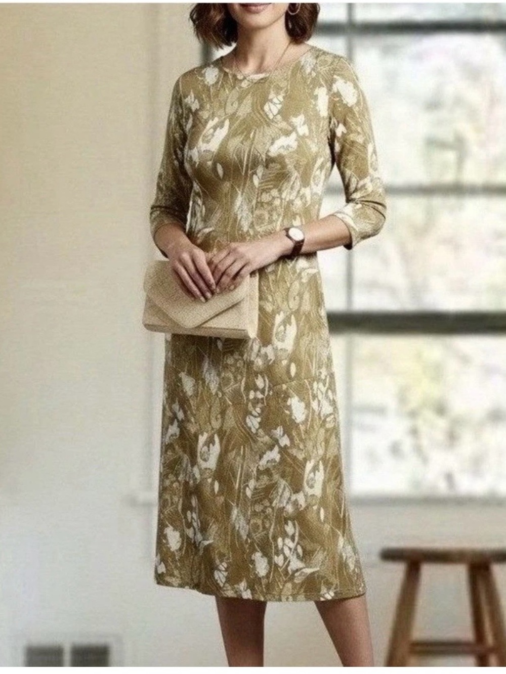 J McLaughlin tan leaf print shift knee length dress - Picture 4 of 9